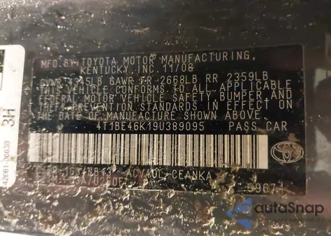 2009 Toyota Camry Le/Se/Xle from USA, damaged, VIN 4T1BE46K19U389095